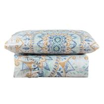Kit Cobre Leito Colcha Turin Solteiro Estampada c/ Babado 400 Fios 2 Peças Mandala Azul Bege