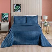 Kit Cobre Leito Colcha Vênus Casal Dupla Face Micropercal 200 Fios Liso 3 Peças - Azul Marinho