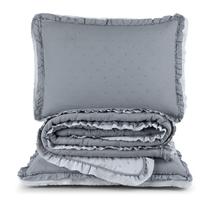 Kit Cobre Leito Colcha Vitta Casal Padrão Matelado c/ Babadinhos 200 Fios 3 Peças Cinza