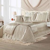 Kit Cobre Leito Colcha Vivian King 10 Peças Cetim Amassado Premium Xale Tule Pérolas - Bronze