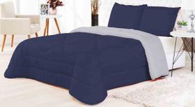 Kit Cobre leito Edredom Casal Queen Euphoria Dupla Face 3pçs - AZUL MARINHO/CINZA