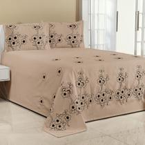 Kit Cobre Leito Florência Casal King 3 Peças Piquet Bordado Bege