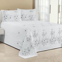 Kit Cobre Leito Florência Casal King 3 Peças Piquet Bordado Branco com Cinza