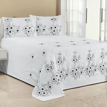Kit Cobre Leito Florência Casal King 3 Peças Piquet Bordado Branco com Preto