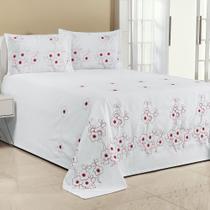 Kit Cobre Leito Florência Casal King 3 Peças Piquet Bordado Branco com Vermelho