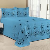 Kit Cobre Leito Florência Casal King 3 Peças Piquet Bordado Turquesa