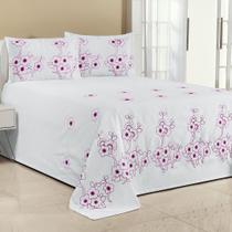 Kit Cobre Leito Florência Casal Padrão 3 Peças Piquet Bordado Branco com Pink