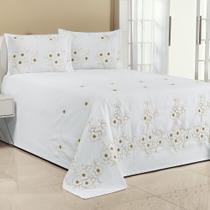 Kit Cobre Leito Florência Casal Queen 3 Peças Piquet Bordado Branco com Bege