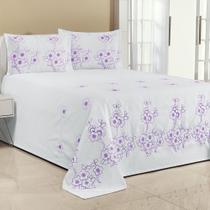 Kit Cobre Leito Florência Casal Queen 3 Peças Piquet Bordado Branco com Lilás