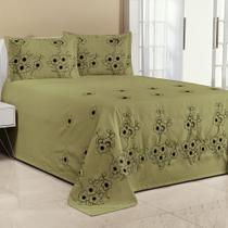 Kit Cobre Leito Florência Casal Queen 3 Peças Piquet Bordado Verde