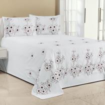 Kit Cobre Leito Florência Solteiro 2 Peças Piquet Bordado Branco com Marrom