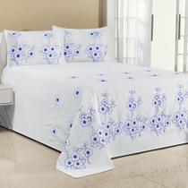 Kit Cobre Leito Florência Super King 3 Peças Piquet Bordado Branco com Azul