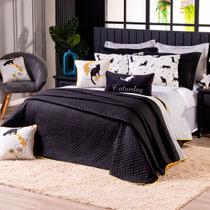 Kit Cobre Leito Gatos Preto/Cinza Dupla Face com Almofadas QUEEN 07 Peças - Decoração Gatinhos Estrelas Lua