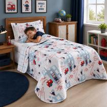 Kit Cobre Leito Infantil Menino Solteiro 2 Peças Dupla Face Matelado Bouti Kids Astronauta Dinossauro Bombeiro Galáxia Game