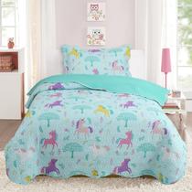 Kit Cobre Leito Infantil Solteiro Colcha 2 Peças Menina Unicórnio Verde