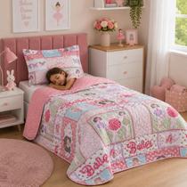 Kit Cobre Leito Infantil Solteiro Menina 2 Pçs Dupla Face Matelado Bouti Kids Colcha Estampas Menina