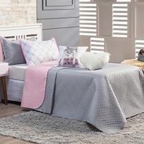 Kit Cobre Leito Influencer Cinza/Rosa Dupla Face com Almofadas SOLTEIRO 05 Peças