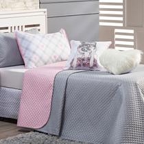 Kit Cobre Leito Influencer Cinza/Rosa Dupla Face com Almofadas SOLTEIRO 05 Peças