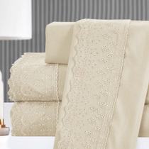 Kit Cobre Leito + Jogo Cama Percal 300 Fios C/ Bordado Inglês Santorini Casal Padrão 7 Peças Kit Cobre Leito + Jogo Cama Percal 300 Fios C/ Bordado Inglês Santorini Casal Padrão 7 Peças