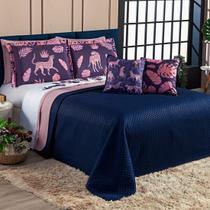 Kit Cobre Leito Onça Marinho/Rosê Dupla Face c/ Almofadas Queen 07 Peças