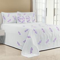 Kit Cobre Leito Queen Belissima 07 Peças Piquet Bordada Branco com Lilás Kit Cobre Leito Queen Belissima 07 Peças Piquet Bordada Branco com Lilás