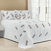 Kit Cobre Leito Queen Belissima 07 Peças Piquet Bordada Branco com Marrom
