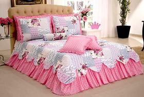Kit Cobre Leito Queen Belize Floral Rosa Com Rolinho e Babado Poá