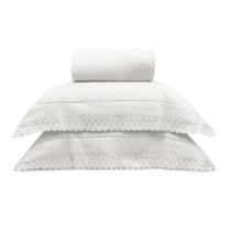 Kit Cobre Leito Queen Bordare Appel Bordado Ingles Branco Floral (1 colcha + 2 Porta Travesseiro)