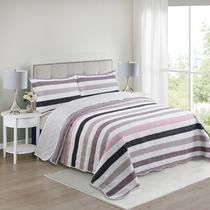 Kit Cobre Leito Queen Bouti Colcha Estampado 3 Peças Teka Colcha Listrado