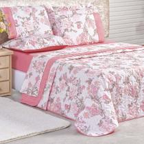 Kit Cobre Leito Real Casal Queen Dupla Face MicroPercal 200 Fios 03 Peças - Serene Floral Rosa - 100% Poliéster