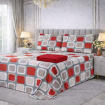 Kit Cobre Leito Romance Casal Queen 3pç + Lençol De Elástico - 200 Fios VERMELHO/QUADRADOS