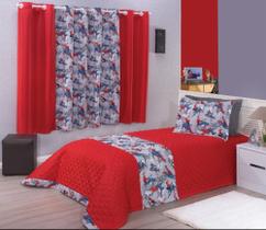 Kit cobre leito solteiro 04 peças Super Homem -Cortina 2m vermelho estampado