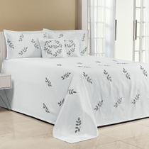 Kit Cobre Leito Solteiro Belissima 04 Peças Piquet Bordada Branco com Cinza