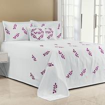 Kit Cobre Leito Solteiro Belissima 04 Peças Piquet Bordada Branco com Pink