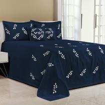 Kit Cobre Leito Solteiro Belissima 04 Peças Piquet Bordada Marinho
