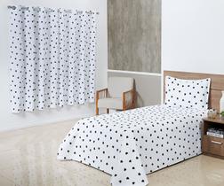 Kit Cobre Leito Solteiro Bella Piquet 02 Peças + Cortina 2m Coração Branco e Preto Kit Cobre Leito Solteiro Bella Piquet 02 Peças + Cortina 2m Coração Branco e Preto