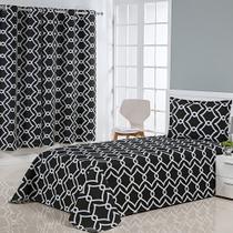 Kit Cobre Leito Solteiro Bella Piquet 02 Peças + Cortina 2m Preto com Branco