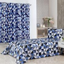Kit Cobre Leito Solteiro Bella Piquet 02 Peças + Cortina Azul Royal