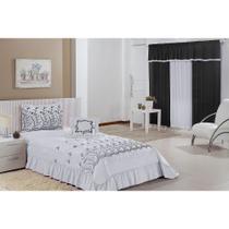 Kit Cobre Leito Solteiro Desejos 04 Peças Bordado + Cortina 2,00x1,70m - Branco com Preto