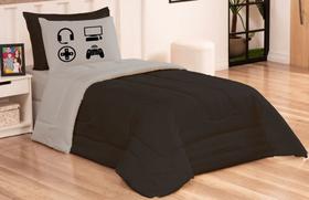 Kit Cobre Leito Solteiro Games Preto Cinza Digital Com 3pçs