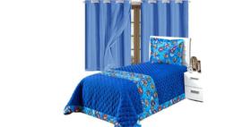 Kit Cobre Leito Solteiro Infantil 3pcs + Cortina PVC Azul Disney