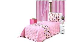 Kit Cobre Leito Solteiro Infantil 3pcs + Cortina PVC Rosa