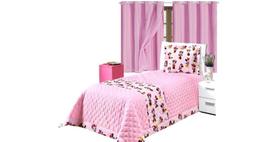 Kit Cobre Leito Solteiro Infantil 3Pcs + Cortina Pvc Rosa