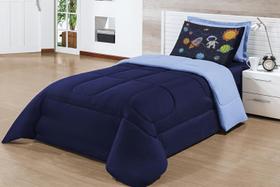 Kit Cobre Leito Solteiro Infantil Astronauta Dupla Face Azul Claro Azul Marinho com 2 peças
