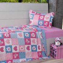 Kit Cobre Leito Solteiro + Porta Travesseiro + Lençol + Fronha 5Pçs Patchwork Corações - Bene Casa