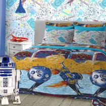 Kit Cobre Leito SulBrasil Casal Malha 100% Algodão Estampado Kids em Matelasse Space 2,00mx2,20m Azul