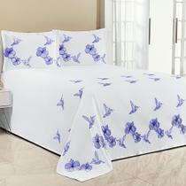 Kit Cobre Leito Super King Beija Flor 3 Peças Bordado Micropercal Branco com Azul