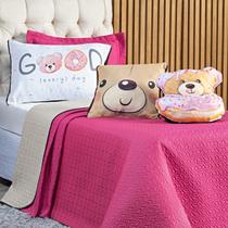 Kit Cobre Leito Urso Donuts Pink/Caqui Dupla Face com Almofadas SOLTEIRO 05 Peças