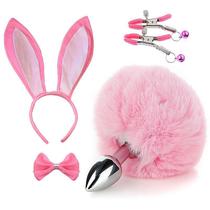 Kit coelha rosa - plug anal de metal pompom, tiara de orelha, gravatinha, grampo de mamilo Kit coelha rosa - plug anal de metal pompom, tiara de orelha, gravatinha, grampo de mamilo