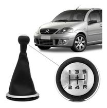 Kit Coifa de Cambio Manopla Citroen C3 2002 a 2012 Preto Base Cinza Bola Preta Lente Cromada